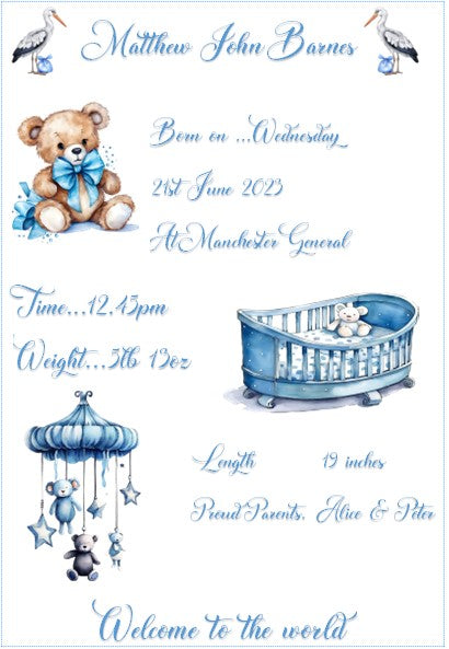 Baby Personalised A4 Birth Print , with or without frame