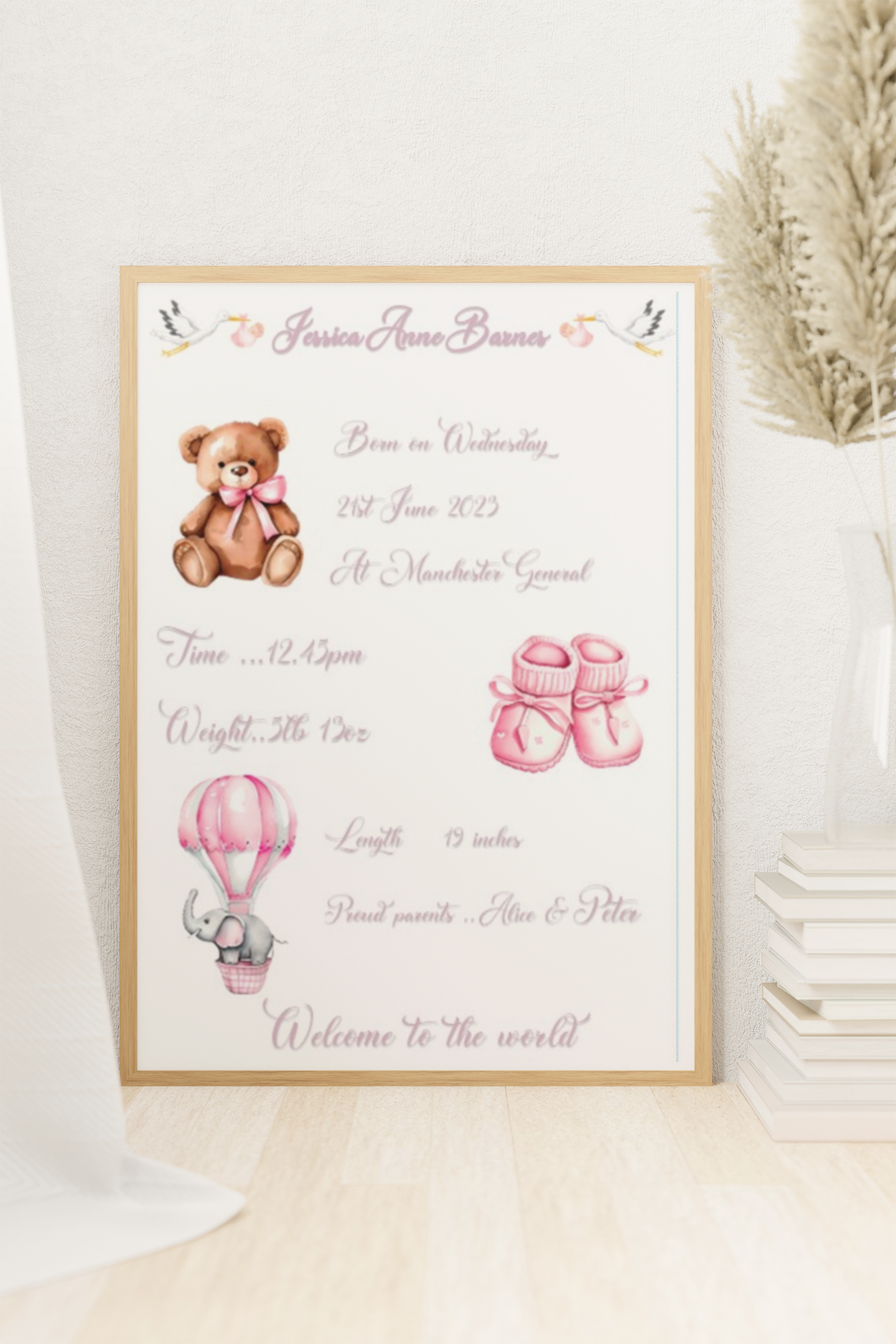Baby Personalised A4 Birth Print , with or without frame